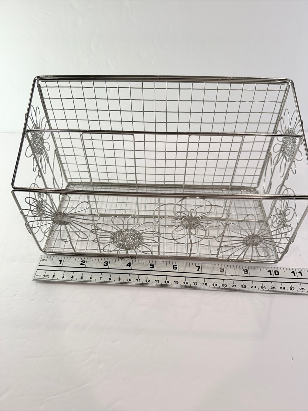 Silver Tone Floral Wire Storage Basket Organizer Bin Cottagecore Decor